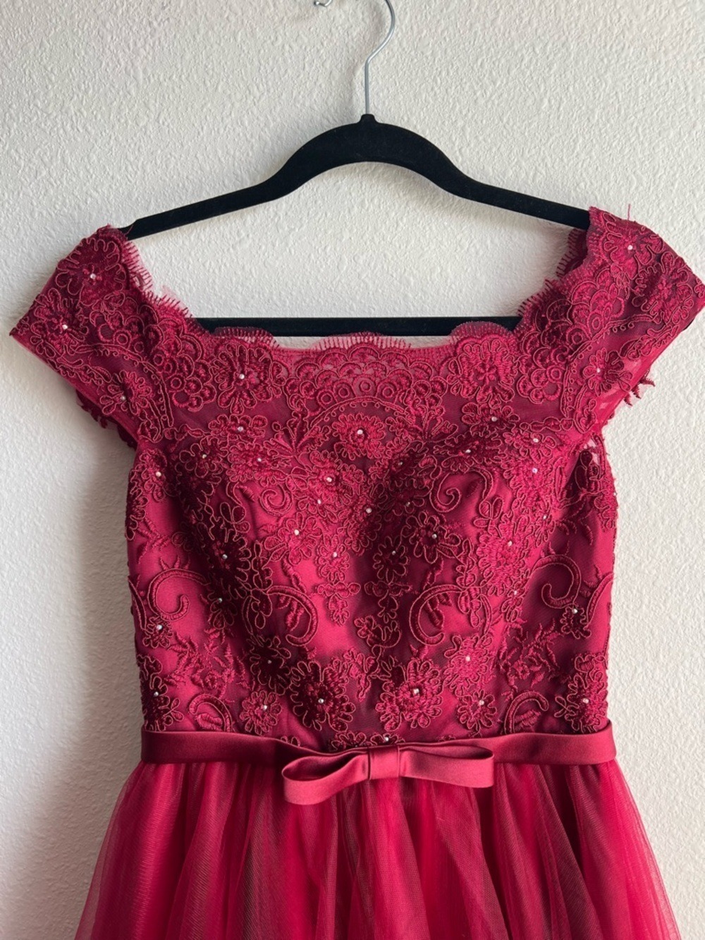 JJs House Burgundy Off-the-Shoulder High-Low Tulle Ball Gown - Picture 4 of 8